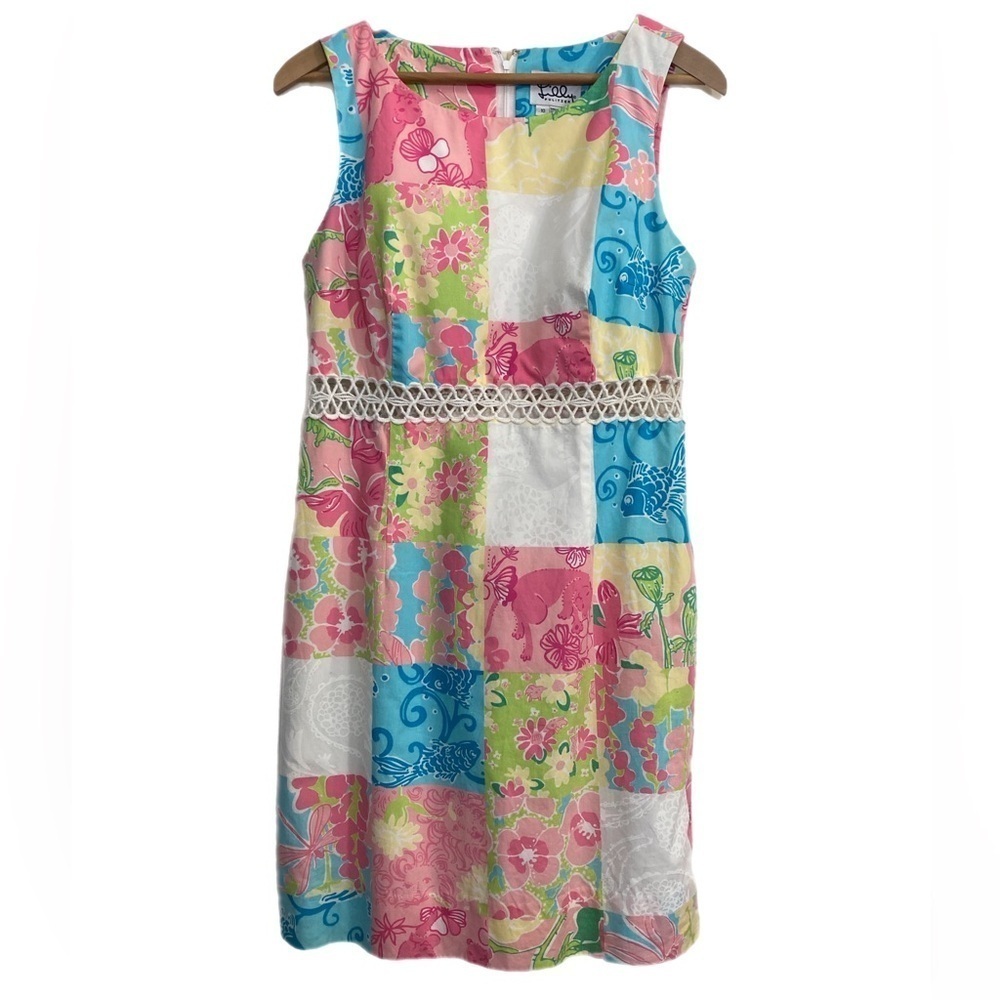 Lilly Pulitzer pastel patchwork cotton midi summer dress w/ lace waist detail